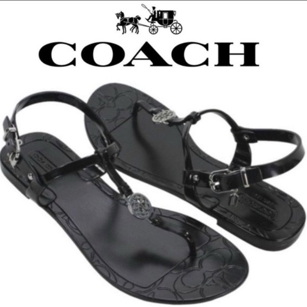 COACH Pansy Jelly Thong T-Strap Sandals Patent Black Monogram Sliver Buckle Flat - Picture 8 of 8